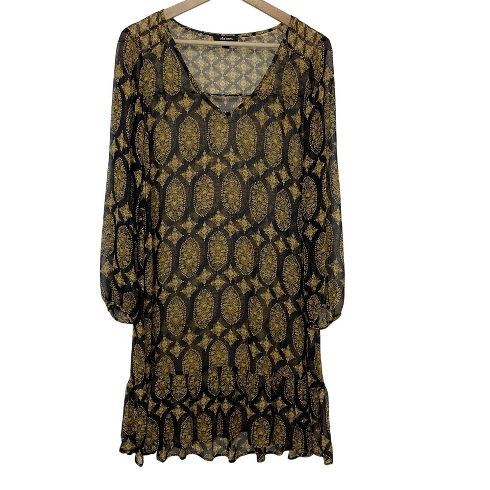 Ella Moss Silk Dress Small Sheer Abstract Ruffle Boho Romantic Fairy Goth V Neck